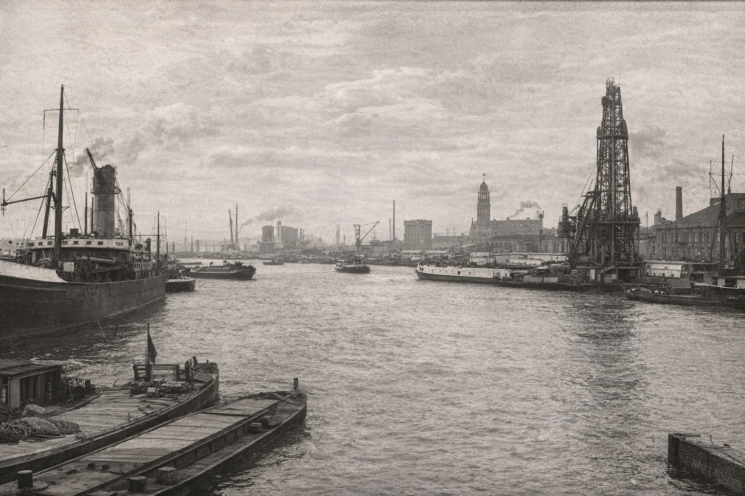Havengezicht van Rotterdam met schepen en een boortoren